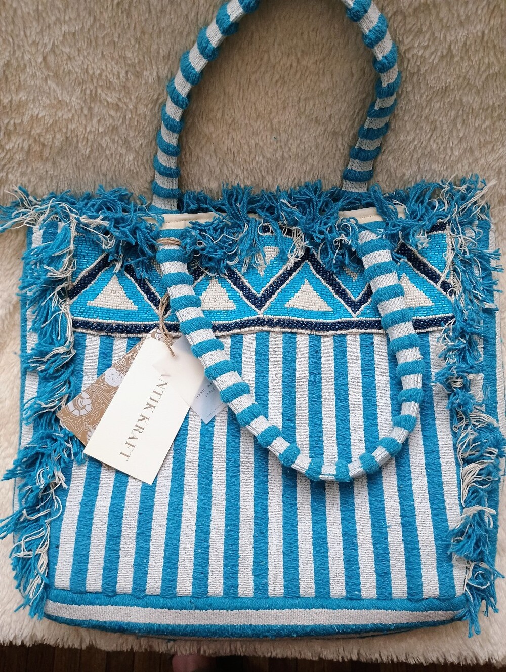 NWT Antik Kraft Boho Woven Jute Tote Bag Blue Fringe Beach Striped